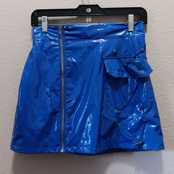Mags & Pye Vinyl Mini Skirt Medium Stretchy Pockets Blue - Picture 1 of 10